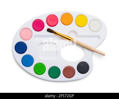 Kleine Aquarell-Farbpalette mit Pinselausschnitt. Stockfoto