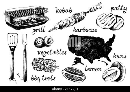 Set von bbq-Objekte, Skizze graviert Stil, Vektor-Illustration Stock Vektor