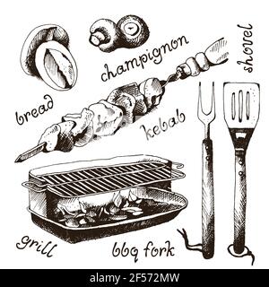 Set von bbq-Objekte, Skizze graviert Stil, Vektor-Illustration Stock Vektor