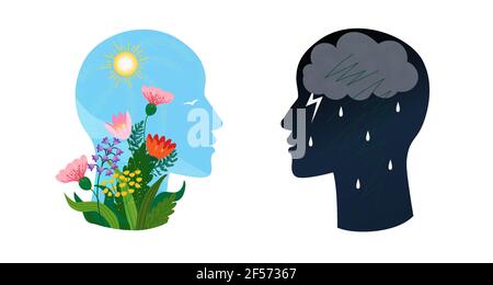 Psychotherapie oder psychologisches Unterstützungskonzept. Zwei Köpfe mit verschiedenen Bewusstseinszuständen Geist - Depression mit Gewitterwolke und Regen und positiv Stock Vektor