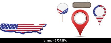Amerikanische Kartenmarkierungen gesetzt. Farben der amerikanischen Flagge. Teardrop-Kartenzeiger und Rundkartenstift. Vektorgrafik isoliert auf Weiß. Stock Vektor