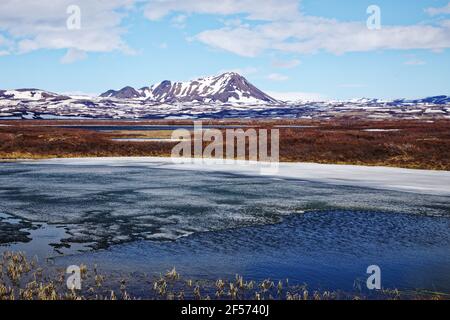 Gefrorener See mit schneebedeckten BergenSee Myvatn Island LA008941 Stockfoto