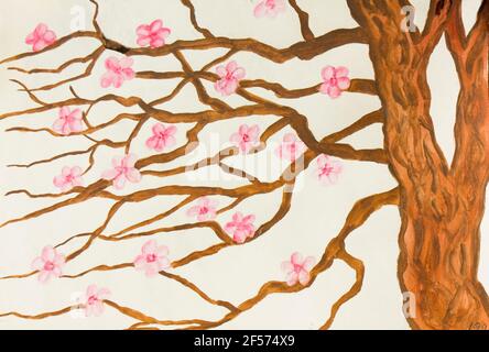 Baum mit rosa Blumen, Malerei Stockfoto