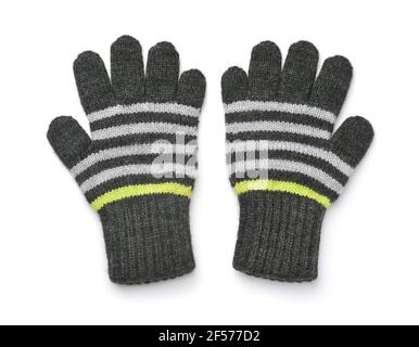 Draufsicht auf zwei warme Wollgestrickte Handschuhe isoliert Weiß Stockfoto