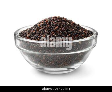 Glasschüssel mit schwarzen Quinoa-Samen auf weiß isoliert Stockfoto