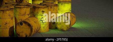 Radioaktiver Abfall in Fässern, Hintergrundbanner mit leerem Raum Stockfoto
