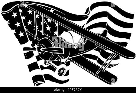 Schwarze Silhouette der amerikanischen Flagge mit Flugzeug Vektor Illustration Design Stock Vektor