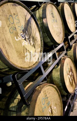 Bieralterung in Holzfässern aus Eichenholz auf Regal im Lager bei River Horse Brewing Co., 2 Graphics Drive, Ewing, NJ, USA Stockfoto