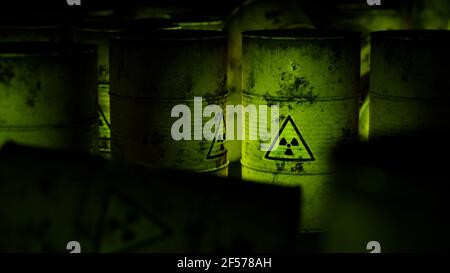 Radioaktiver Abfall in Fässern, Hintergrund Stockfoto