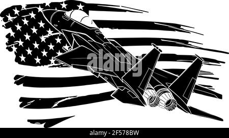 Schwarze Silhouette von militärischen Kampfjets mit amerikanischer Flagge. Vektorgrafik Stock Vektor