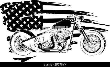 Schwarze Silhouette von Chopper Motorrad mit amerikanischen Flagge Vektor Illustration Stock Vektor