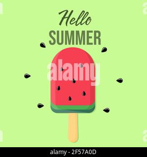 Hello Summer Schriftzug und Eis in Form Wassermelone. Vektorgrafik Stock Vektor