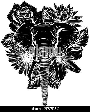 Schwarze Silhouette des Vektors Illustration von Kopf Elefant mit Blume. Stock Vektor