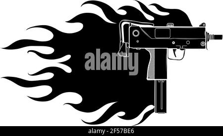 Schwarze Silhouette des Vektors Illustration einer Uzi-Pistole mit Flammen Stock Vektor