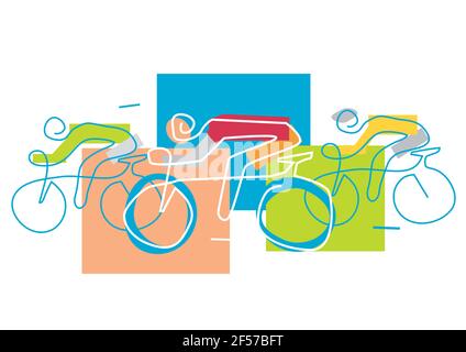 Radrennen, Linienkunst stilisiert. Expressive Illustration mit kontinuierlicher Linienzeichnung Design mit drei Radfahrern. Vektor verfügbar. Stock Vektor
