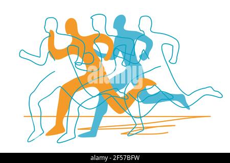 Laufrennen, Jogger, stilisierte Linienkunst. Stilisierte Illustration mit stilisierten Runners Silhouetten, kontinuierliche Linie Zeichnung Design. Vektor verfügbar. Stock Vektor