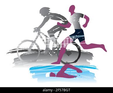 Triathlon-Rennen, Grunge stilisiert. Drei Triathlon-Athleten auf dem ausdrucksstarken Pinselstrich-Hintergrund. Vektor verfügbar. Stock Vektor