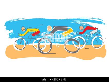 Radrennen, Linienkunst stilisiert. Expressive Illustration mit kontinuierlicher Linienzeichnung Design mit drei Radfahrern. Vektor verfügbar. Stock Vektor