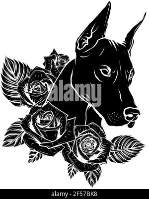 Schwarze Silhouette von Vektor Dobermann Hundegesicht mit roten Rosen Stock Vektor