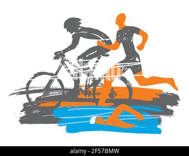 Triathlon-Rennen, Grunge stilisiert. Drei Triathlon-Athleten auf dem ausdrucksstarken Pinselstrich-Hintergrund. Vektor verfügbar. Stock Vektor