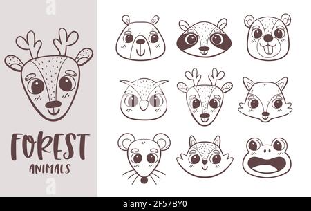 Animal Doodle Kollektion. Handgezeichnete Waldtierköpfe. Perfekt zum Ausmalen von Büchern, Avatar-Designs und Aktivitäten für Kinder. Vektorgrafik. Stock Vektor