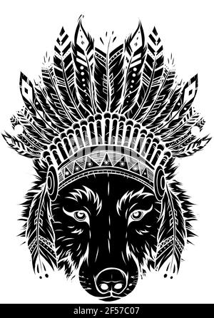 Schwarze Silhouette von indischen Wolf mit Federn Hut Vektor-Illustration Stock Vektor