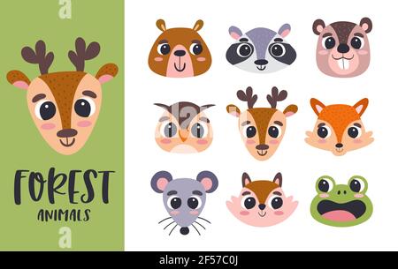 Cartoon Animal Heads Kollektion. Niedliche Wald Tierköpfe. Perfekt für Avatare, Printdesigns und Kinderaktivitäten. Vektorgrafik. Stock Vektor