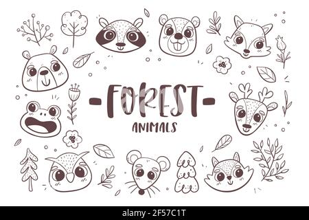 Tierkritzel Hintergrund. Waldtierköpfe mit Bäumen, Pflanzen und Blumen. Perfekt für Malbücher und Aktivitäten für Kinder. Vektorgrafik. Stock Vektor