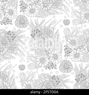 Monochrome Doodle Bohemian Blume nahtlose Muster für Erwachsene Malbuch. Schwarz-weiße Blumenumrandung. Vektorgrafik handgezeichnete Illustration. Stock Vektor