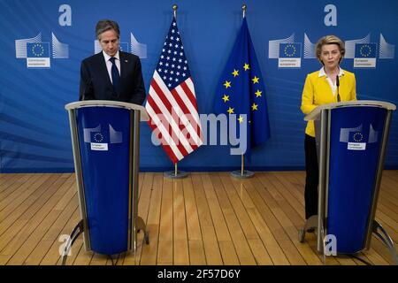 Presseerklärung von Präsident von der Leyen und Antony Blinken, US-Staatssekretär in der Europäischen Kommission. Brüssel den 24/03/2021. Erklärung Stockfoto