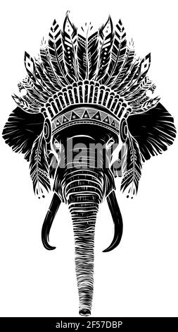 Schwarze Silhouette des Elefantenkopfes mit american indian Chief Kopfschmuck. Stock Vektor