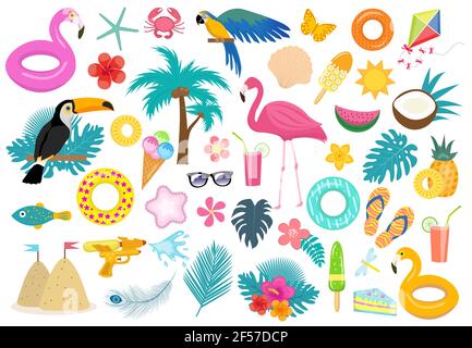 Big Tropical Icon Set mit Vögeln und Blumen, flach, Cartoon-Stil. Exotische Kollektion von Design-Elementen mit Tukan, Papagei, Pflanze, Flamingo, Blume Stock Vektor