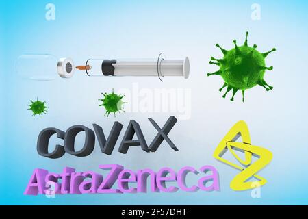 AstraZeneca-Impfstoff mit einer Spritze und einer Behälterflasche Die Behandlung der Coronavirus-Krankheit 2019 COVID-19 covid19 covid COVAX Covid-19-Impfstoffe Stockfoto