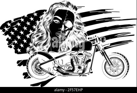 Schwarze Silhouette von Vektor-Illustrationen vintage Chopper Motorrad mit Frau Gesicht und amerikanische Flagge Stock Vektor