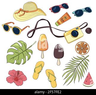 Vector Set von Sommerurlaub Artikel. Tropische Blätter, Fotokamera, Eis, Sonnenbrille, Kleidung und Pflege. Handgezeichnete Elemente der Erholung am Meer. Vektorgrafik Stock Vektor