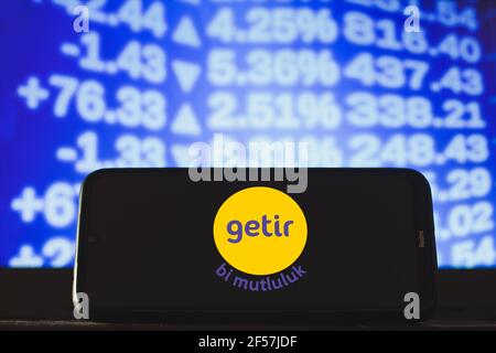 Brasilien. März 2021, 24th. In dieser Abbildung ist ein Getir-Logo auf einem Smartphone zu sehen. (Foto von Rafael Henrique/SOPA Images/Sipa USA) Quelle: SIPA USA/Alamy Live News Stockfoto