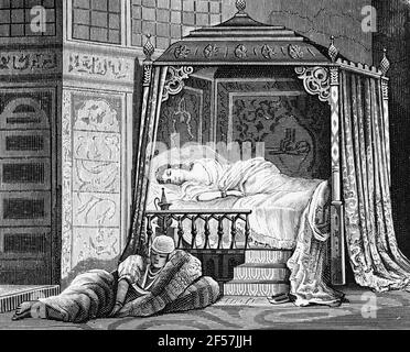 ´s´s ausgestattete Schlafzimmer einer türkischen Sultanin, Türkei, Asien, Holzstich, Wien. Leipzig 1881 Stockfoto
