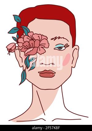 Moderne Schönheit Frau stilisierte Gesicht mit Blumen. Linienstil Vektorgrafik Stock Vektor