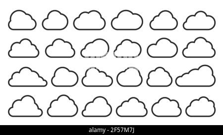 Wolken schwarze Linie Cartoon-Symbol gesetzt. Verschiedene Cloud-Umrissformen für Wettervorhersage, Web-Schnittstelle, Sprechblasenballon, Datenbanktechnologie, Netzwerkspeicheranwendungen, Bezeichnung meteorologie Stock Vektor