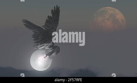 Geflügelte Glühbirne fliegt in Wolken. 3D Rendern Stockfoto