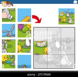 Cartoon Illustration von pädagogischen Puzzle-Spiel für Kinder mit Hasen und Küken Charaktere auf Ostern Zeit Stock Vektor