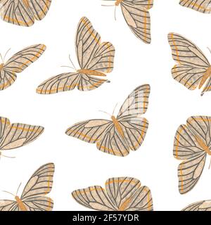 Nahtloses Muster mit bunten Schmetterlingen. Schmetterlinge auf weißem Hintergrund. Handgezeichnete Abbildung Stockfoto