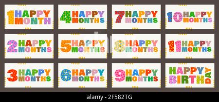 Glücklicher erster Monat, 1, 2, 3, 4, 5, 6, 7, 8, 9, 10, 11. Handgeschriebene Grußbeschriftung. Alles gute zum Geburtstag, Kinder multicolor Schriftzug. Vektor, Satz von Stock Vektor