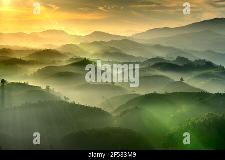 Phantasievolle Landschaft eines frühen Morgens, wenn die Sonne über den Dai Lao Berges Bereich ansteigt, Bao Loc Bezirk, Provinz Lam Dong, Vietnam Stockfoto