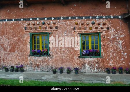 Buddhistische monasry rote Steinwand mit hoch dekorierten grünen farbigen Fenster mit Blumentopf geschmückt Stockfoto