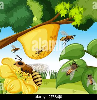 Nahaufnahme Szene mit vielen Bienen und Bienenstock Illustration Stock Vektor