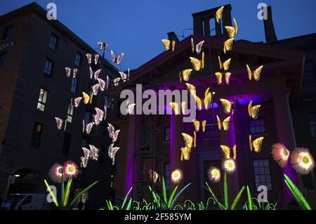 Liverpool, Großbritannien. März 2021, 24th. All in the Balance, die kinetisch beleuchtete Installation eines gigantischen Butterfly Mobile, umgeben von riesigen wilden Gräsern und Blumen, zelebriert die Natur und das Kommen des Frühlings. Die Arbeit hält eine Lupe über die Komplexität lebenserhaltender Ökosysteme und ist gleichzeitig ein Aufruf zum Handeln für die unmittelbare Klimanotlage, mit der wir konfrontiert sind. ‘All in the Balance verwendet Elemente aus früheren Kunstwerken und wird zu 100 % recycelt. Kredit: SPP Sport Presse Foto. /Alamy Live Nachrichten Stockfoto