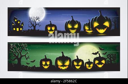 Halloween-Nacht-Banner mit gruseligen Kürbissen Stock Vektor