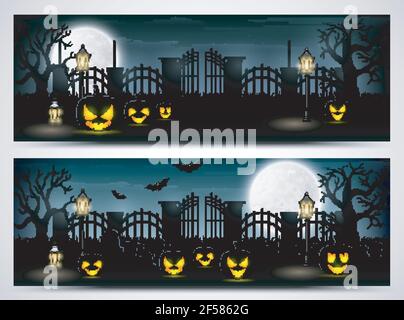 Vektor-Illustration von Halloween-Nacht-Banner mit gruseligen Kürbissen Stock Vektor