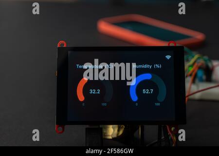 Temperaturdaten und relative Luftfeuchtigkeit über das angeschlossene LCD-Display An den Mikrocontroller und das Experimental Board, um die zu studieren Internet der Dinge o Stockfoto
